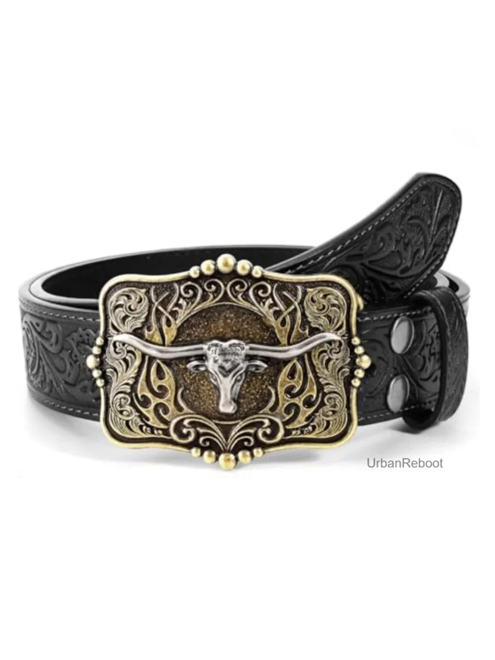 Cowboy Western Leather Belt with Longhorn Buckle